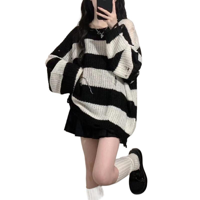 Women's Black and Pink Striped Sweater, Loose Fit, Medium-Long, Lazy Style, 2024 Spring/Autumn Fashion Top.