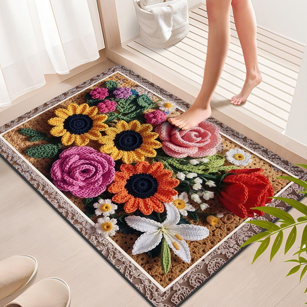 Rural Flower Mat 3D Stereoscopic Design Wear Resistant Crystal Velvet Carpet Creative Flower Pattern Non Woven Bottom