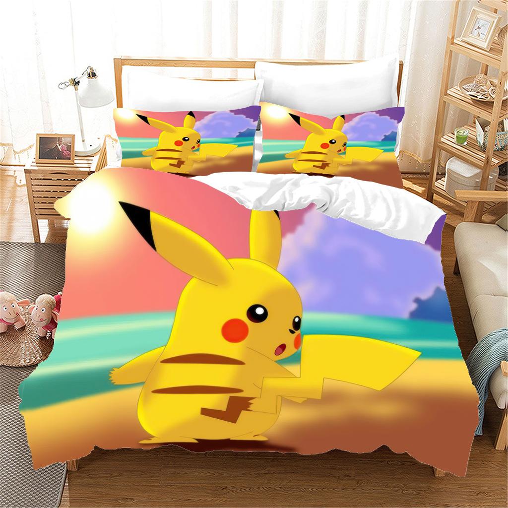 Аниме P-Покемон Печатное постельное белье Новый Эш Кетчум Пикачу Пододеяльник Одеяло Наволочка Мальчики Девочки Дети Взрослые King Gif