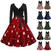 Women's Casual Fashion V-neck Long Sleeved Retro Christmas Print Retro Dress