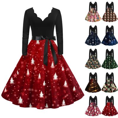 Женское повседневное модное платье с V-образным вырезом и длинными рукавами в стиле ретро с рождественским принтом