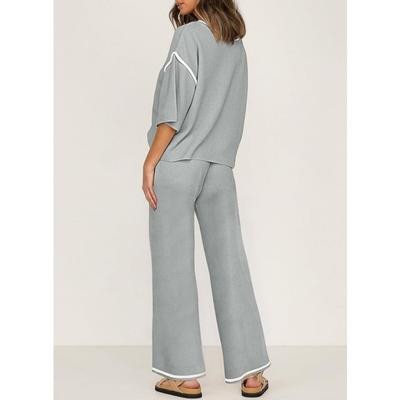 Женский удобный повседневный однотонный комплект из двух предметов на весну и осень с рукавом пять четвертей и прямыми брюками