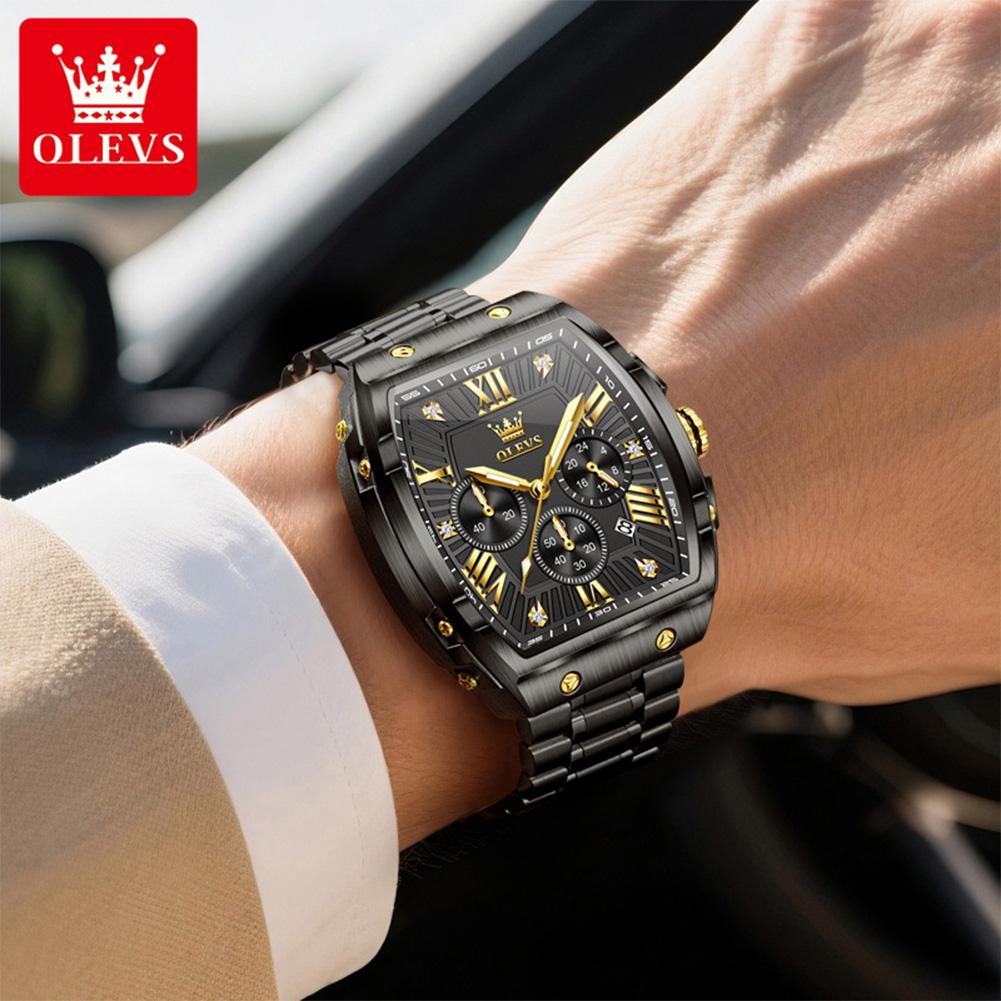 OLEVS Tonneau Watch Men Luminous Waterproof Date Stainless Steel Chronograph Quartz Watches for Men