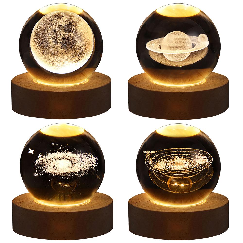 LED Crystal Ball Night Light Crystal Ball Lamp Glowing Milky Way System Crystal Ball with Wooden Base USB Charging Gift for Kids