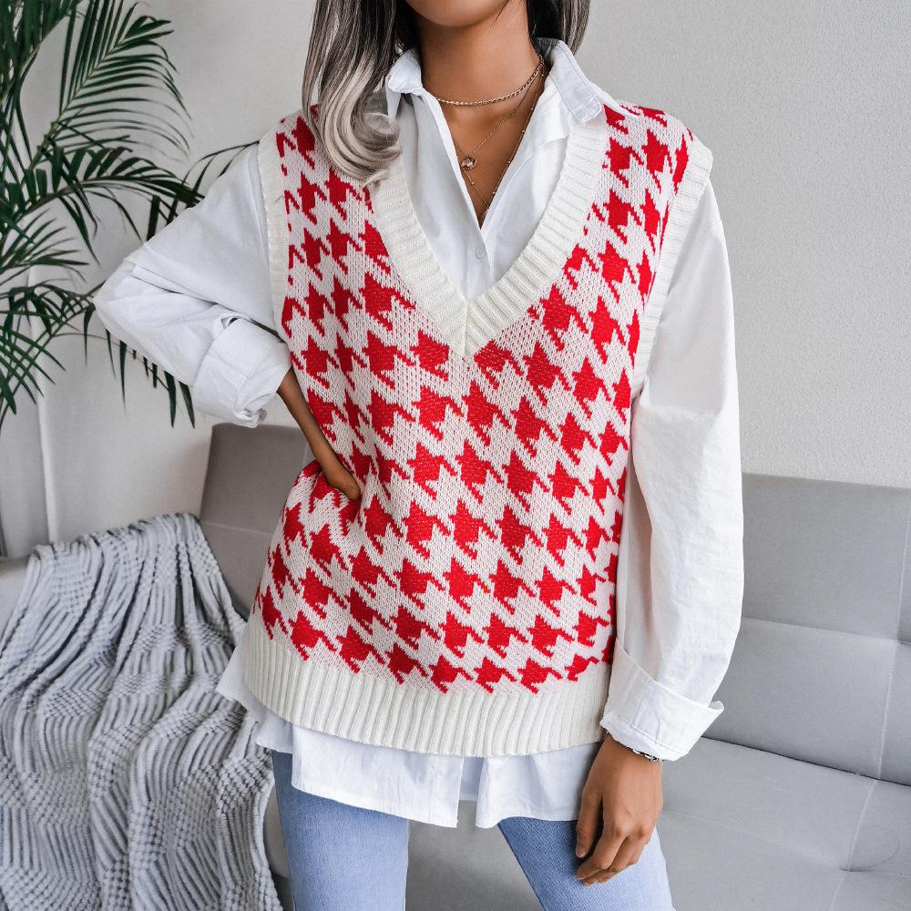 Women's Autumn and Winter V-neck Chibi Check Casual Loose Knitted Sweater Vest