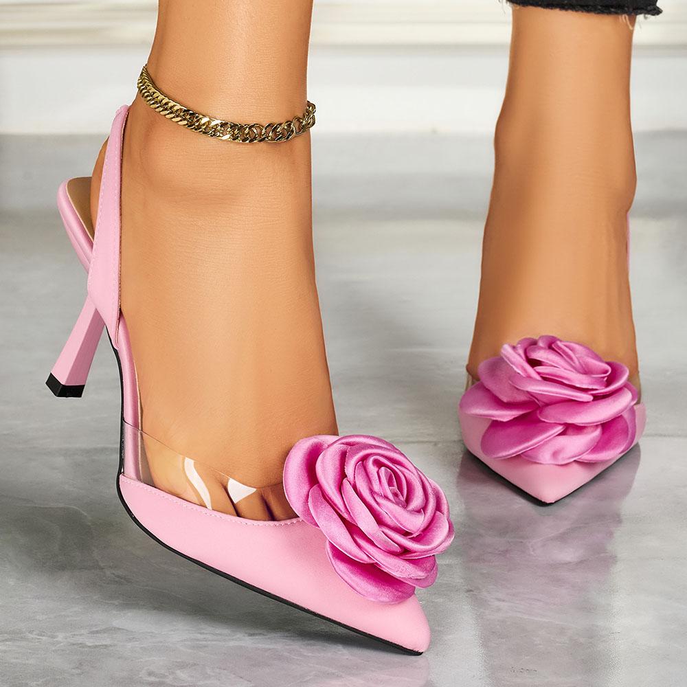Summer Women's Pointed Toe High Heels Sandals with Elegant Rose Decorations Shoes for Evening Parties Wedding Shoes