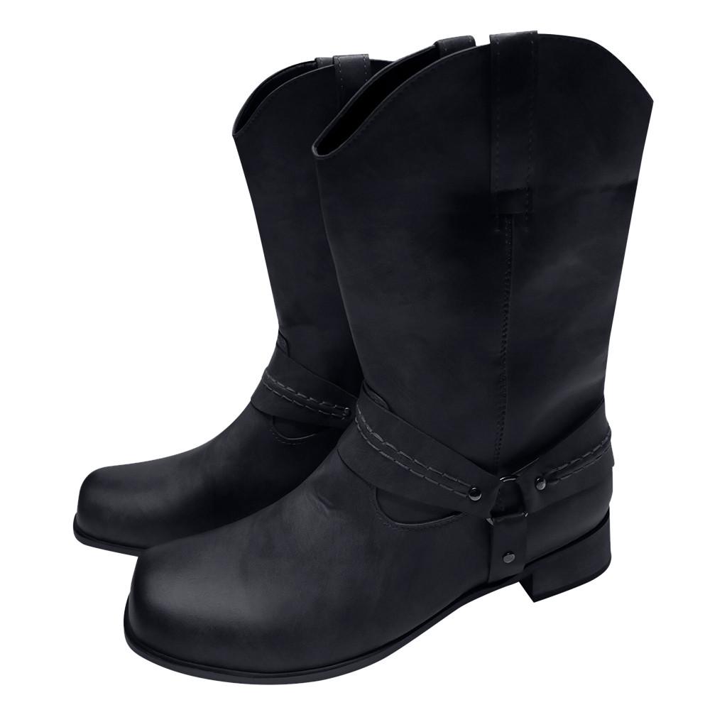 Мужские кожаные нескользящие туфли на низком каблуке с круглым носком и пряжкой, ковбойские сапоги