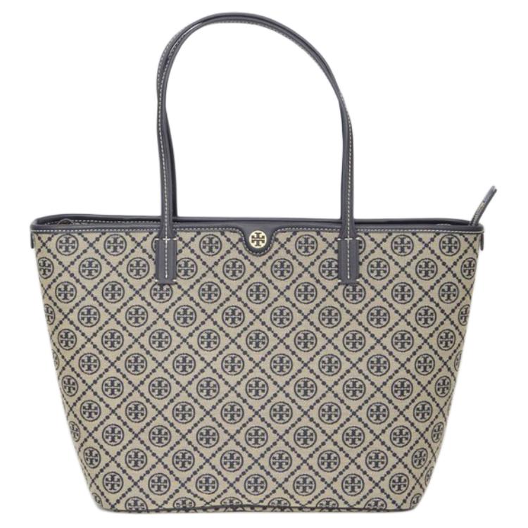 Tory Burch T Monogram Double T Logo Classic Print Zipper Tote Bag Women tote Navy 152301-405