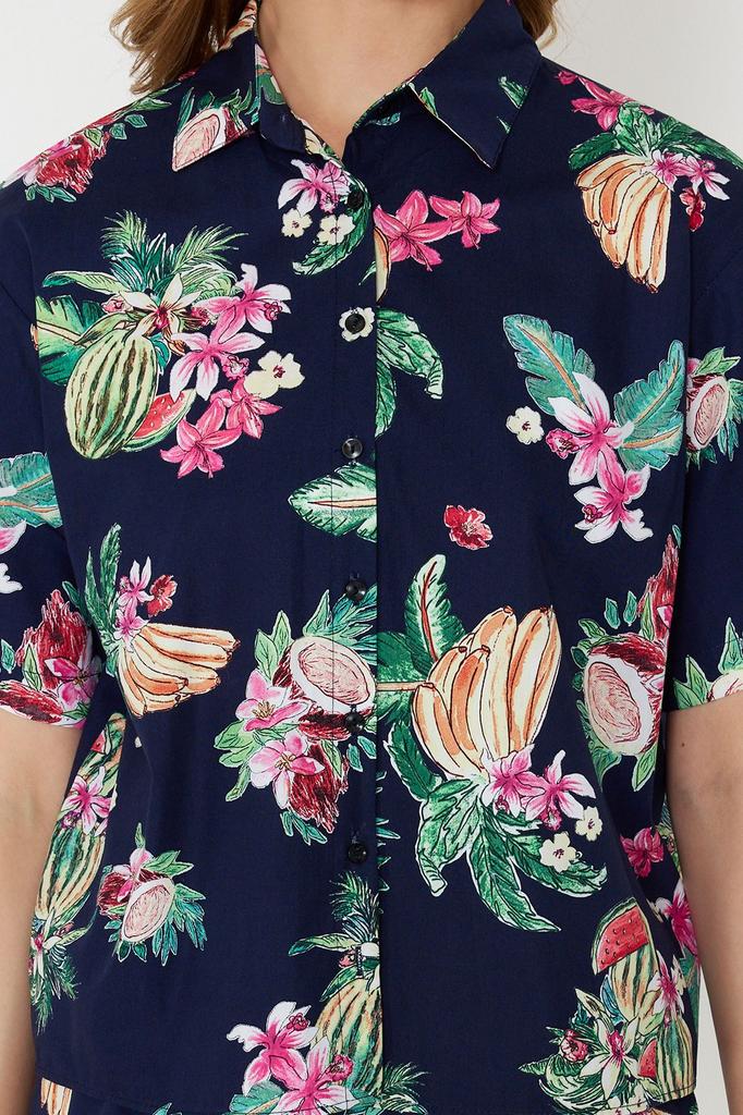 Women's Style Bottom-Top Set Clothes Tropical Patterned Woven Shirt Shorts Set