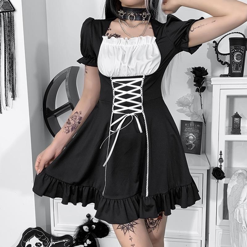 Y2k Готическое платье Лолита, женское темно-черное платье в студенческом стиле, осеннее контрастное цветное платье с пышными рукавами и завязками, женское платье