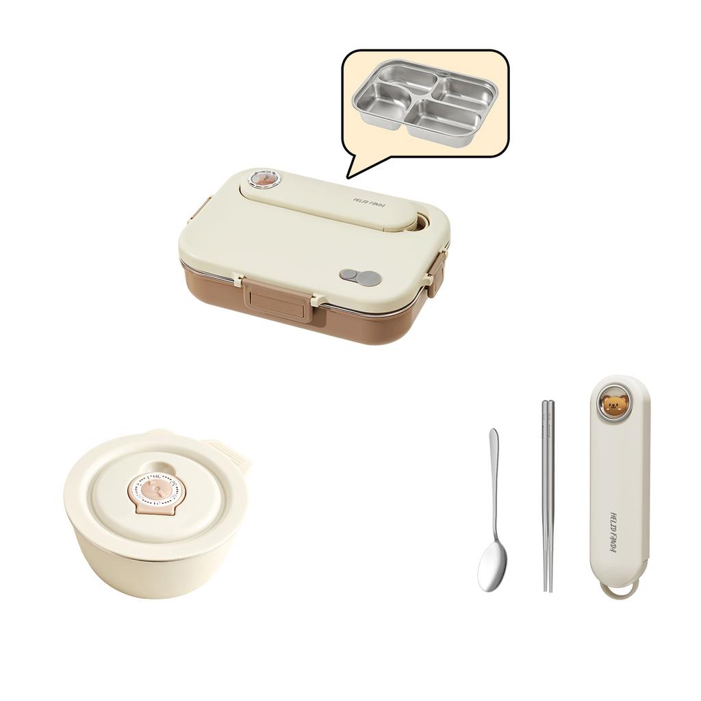 4/5 Grids Portable Bento Box With Bowl & Cutlery 304 Stainless Steel Divided Lunch Box Microwave Heatable Lunch Container Set