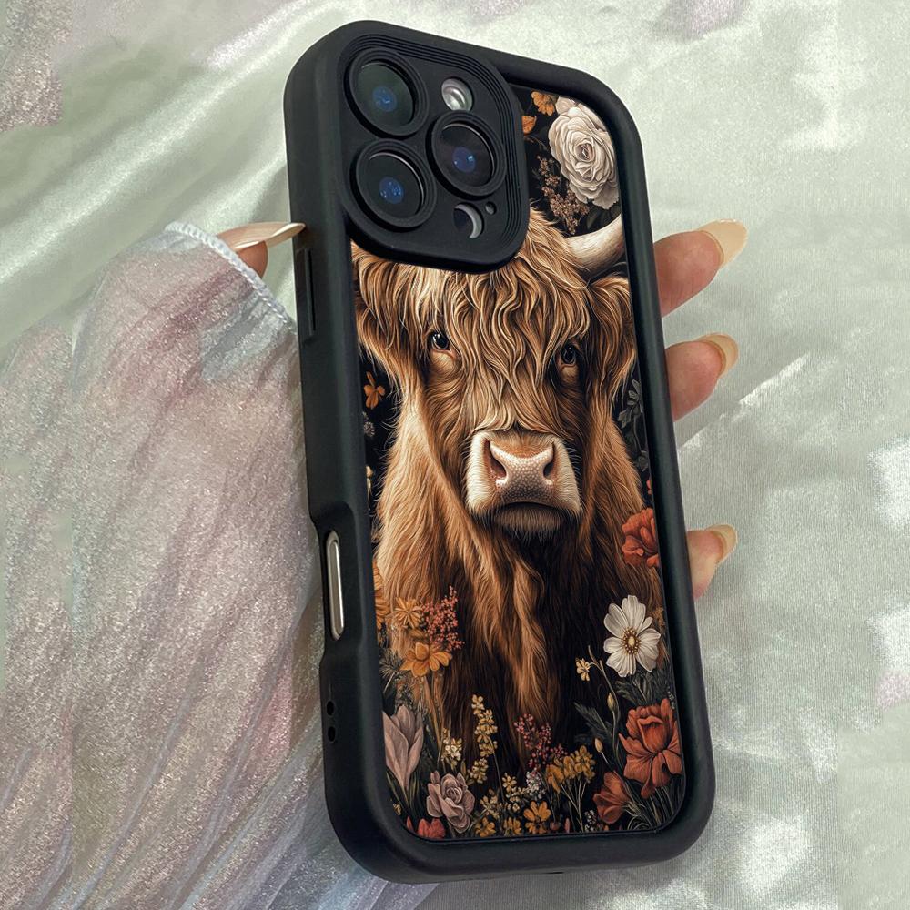 JT560 Винтажный рисунок шотландской коровы с цветами для iPhone 17 16 15 14 13 Pro Max Samsung S26 S25 Ultra A17 A07 A56 A16 Xiaomi 15T Redmi 15c 14 Мягкий чехол