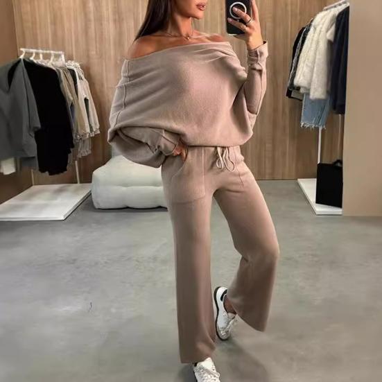 2 шт./комплект женский топ брюки комплект с открытыми плечами длинный рукав летучая мышь толстовка эластичный пояс расклешенные спортивные штаны спортивный наряд осенний повседневный спортивный костюм