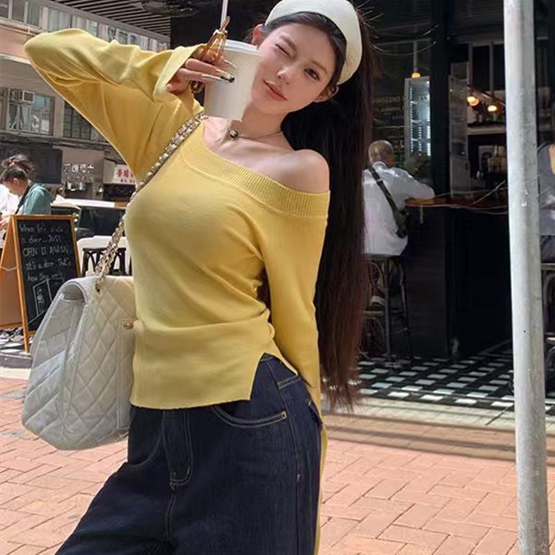Осенний длинный рукав сексуальный косой воротник основа вязаный свитер для женщин зимняя мода облегающий крой свитера с открытыми плечами женские однотонные шикарные короткие джемперы 25502