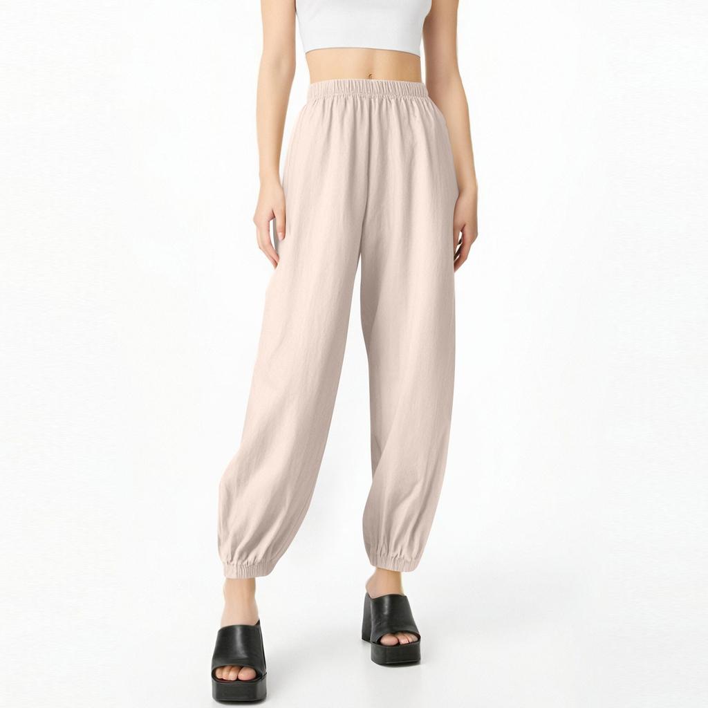 Women Casual Cotton And Linen Solid Elastic Waist Long Straight Pants