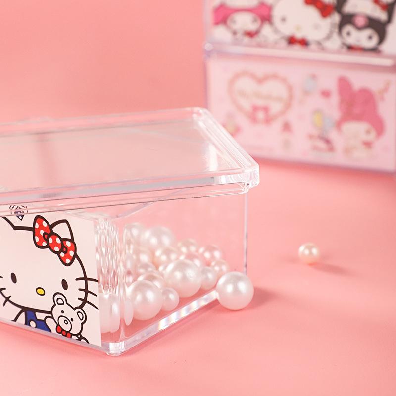 Kawaii Sanrio Hello Kitty Cinnamoroll Cotton Swab Jewelry Storage Box Melody Kuromi Cute Cosmetics Sundries Press Organizer Boxs