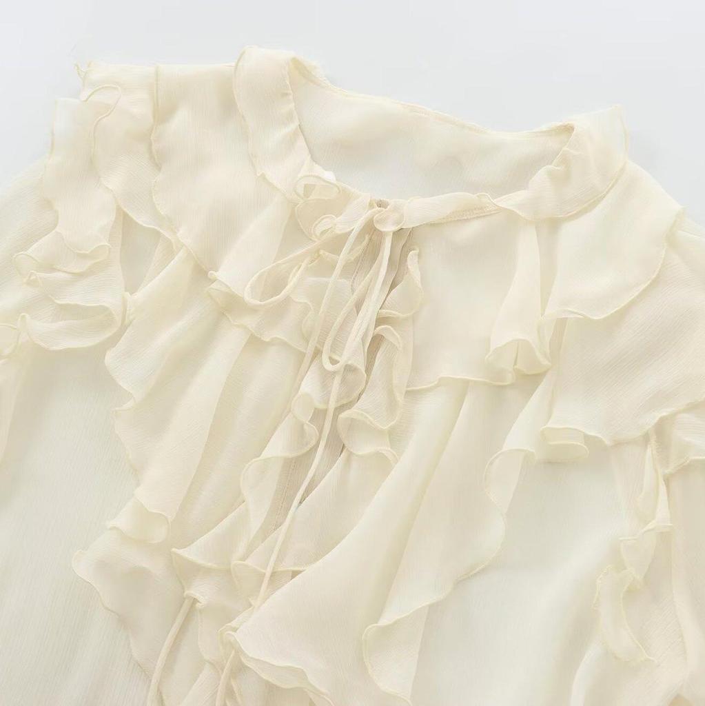 Women's White Ruffled Semi-Transparent Round Neck Tie Long Sleeve Layered Shirt - New French Autumn Design