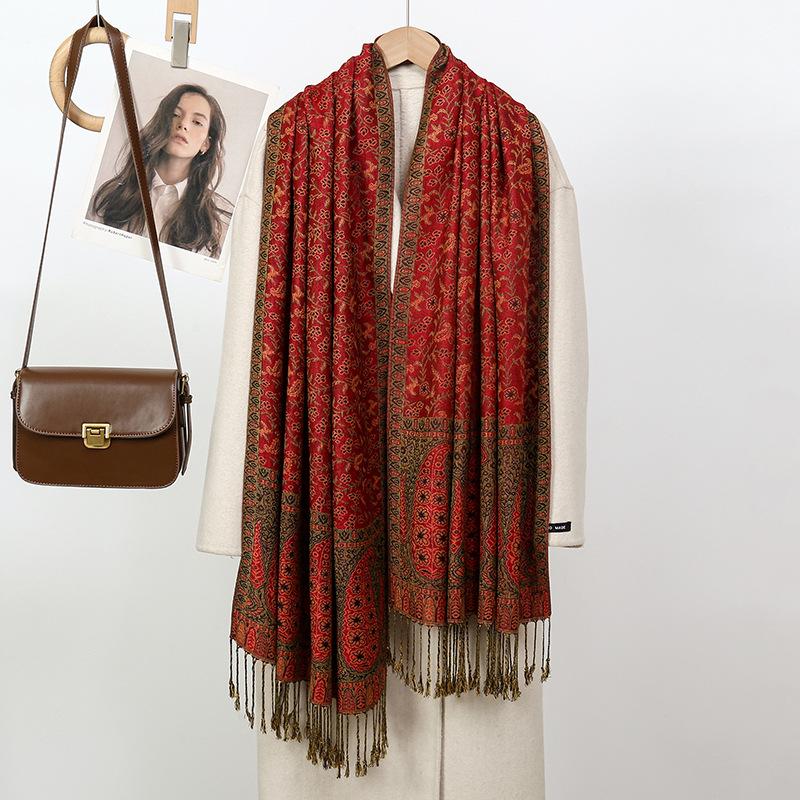 Jacquard Scarf Shawl High-End Atmosphere Fringed Scarf Osmanthus Pattern Jacquard Warm And Comfortable Scarf