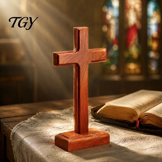 Solid Wood Prayer Symbol Stand Tabletop Ornament, Wooden Standing Christian Gifts, Minimalist Sacred Ornament Religious Faith Decor for Home