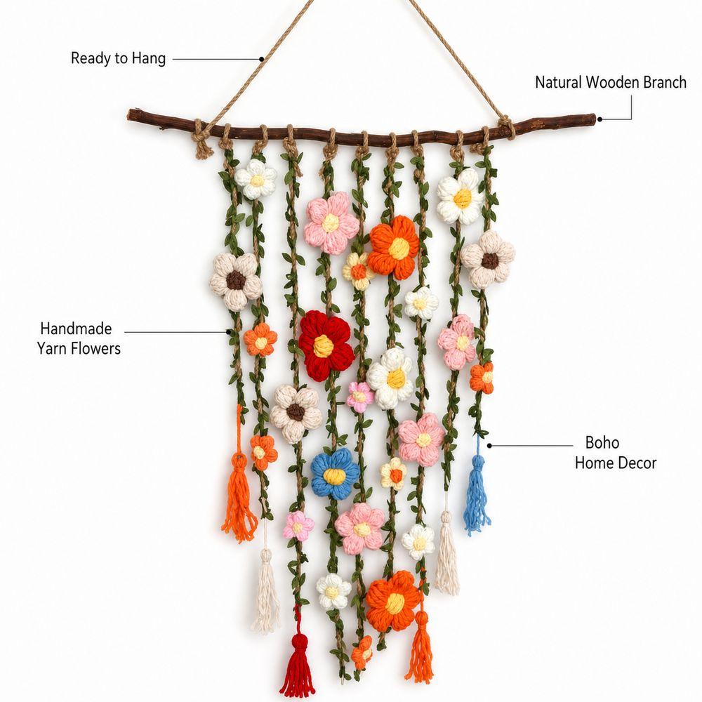 Wooden Branch Crochet Wall Hanging Yarn Floral Tapestry Macrame Wall Hanging Living Room Decor