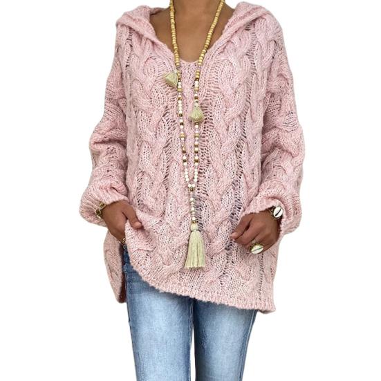 Женский свитер с капюшоном, длинный рукав, скрученная текстура, свободный свитер, однотонный, свободный крой, ребристые манжеты, трикотажные топы