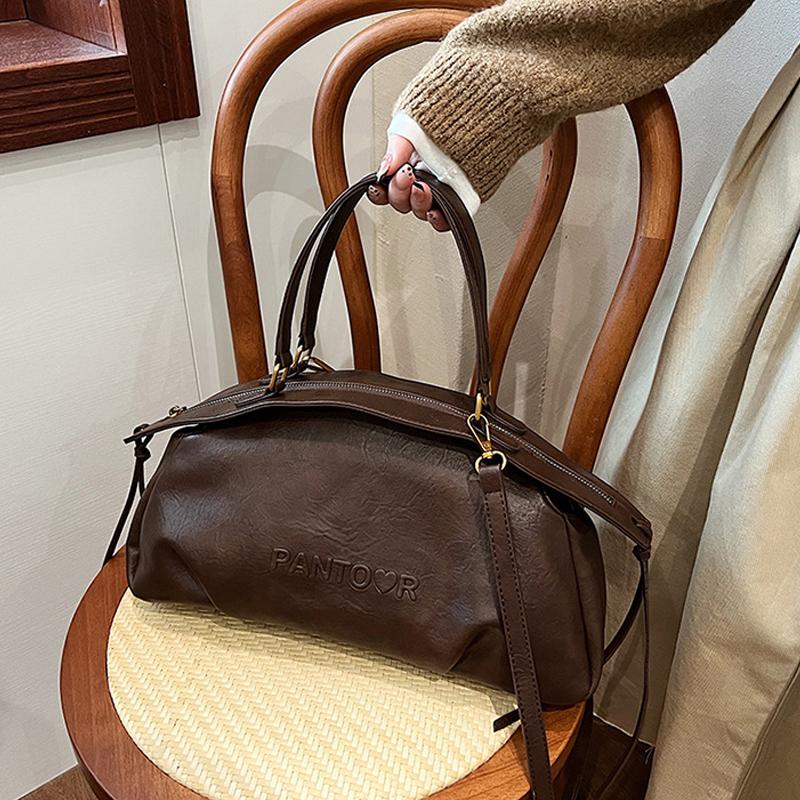 Осень Зима Женская Сумка Большая Вместимость Сумка Боулинг Повседневная Сумка Через Плечо Винтажный Стиль Коричневая Кожаная Сумка CLE