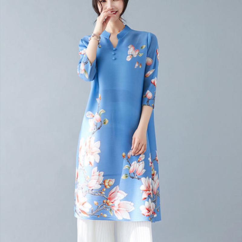 Платье 2022, новое летнее плиссированное платье средней длины с принтом, тонкий воротник-стойка, рукав три четверти