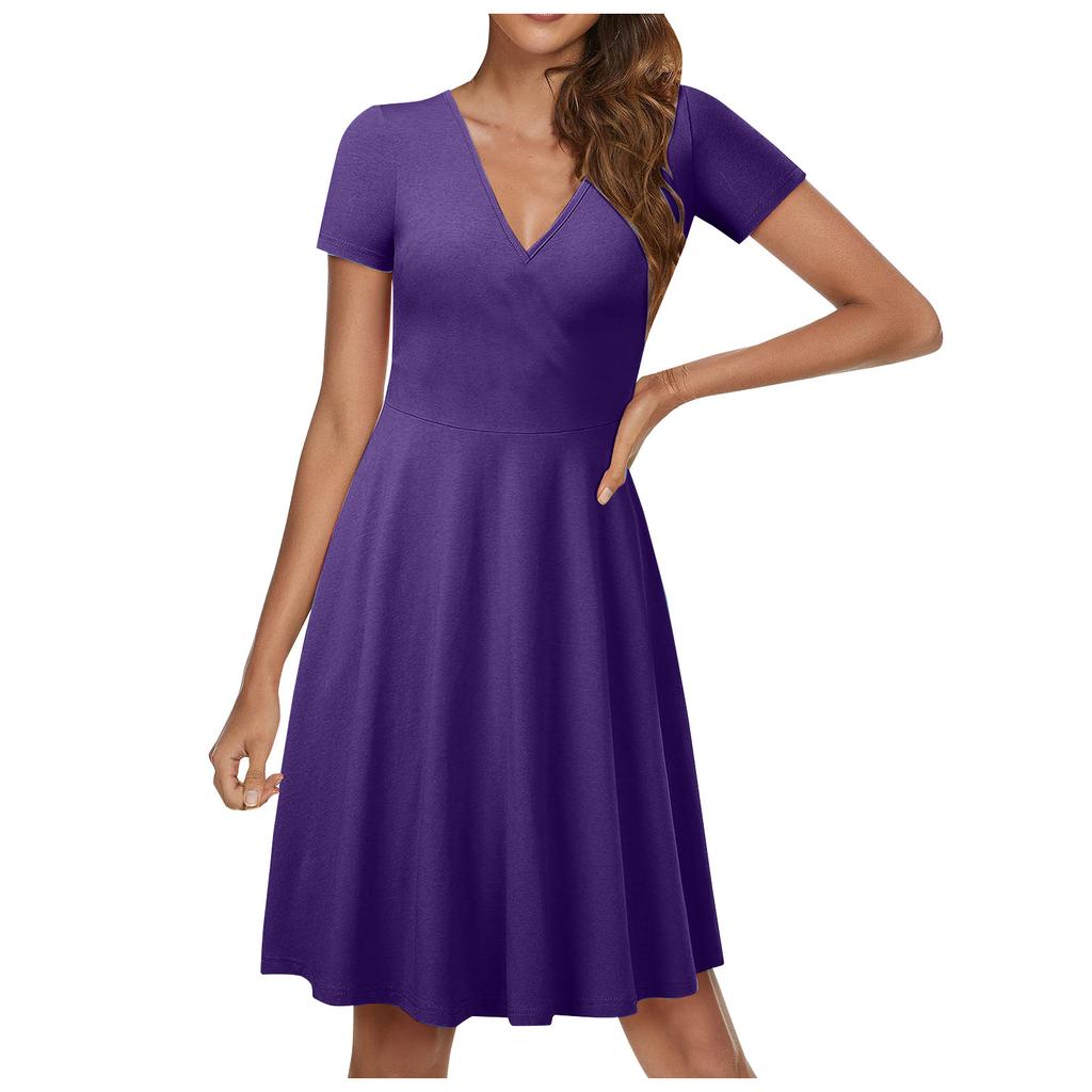 Женское повседневное модное однотонное платье трапециевидной формы с перекрестным v-образным вырезом и короткими рукавами и талией, большое свободное платье