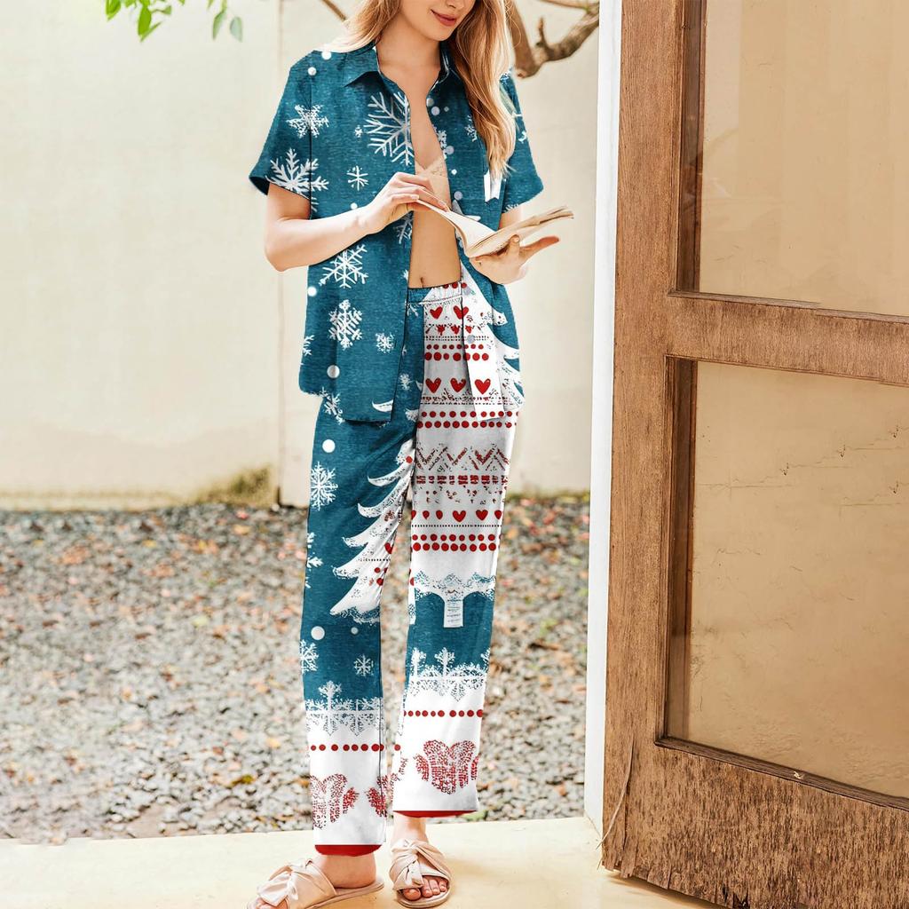 Женский рождественский пижамный комплект с принтом, женские короткие рукава, длинные брюки, комплект из двух предметов, застегивающийся на пуговицы, домашняя одежда