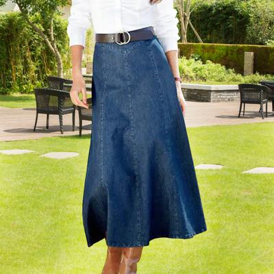 Джинсовая юбка миди с высокой талией, большим подолом, утягивающая юбка миди, однотонная офисная женская джинсовая юбка на каждый день