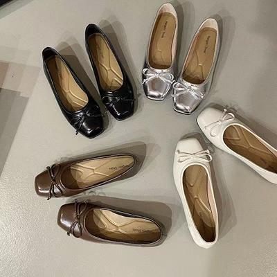 Весенние французские ретро туфли-лодочки с бантом, с неглубоким вырезом, универсальные, женские, новые, на плоской подошве, с квадратным носком, туфли-бини