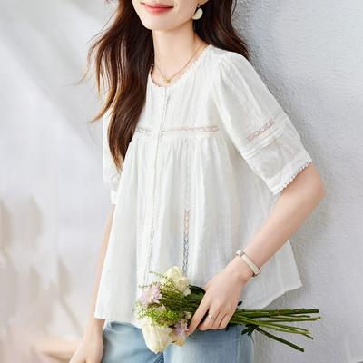 Французская белая рубашка из чистого хлопка для женщин, с короткими рукавами, новая, топ с маленьким кружевом и рукавами-буфами