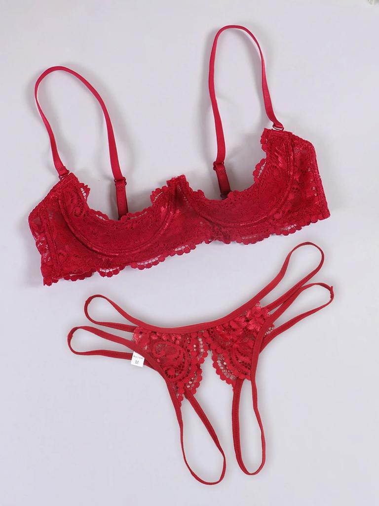 Lace Crotchless Bra G-string Set 2pcs Erotic Cutout Bra Open Cup Bra Hollow Out Underwears Women Lingerie