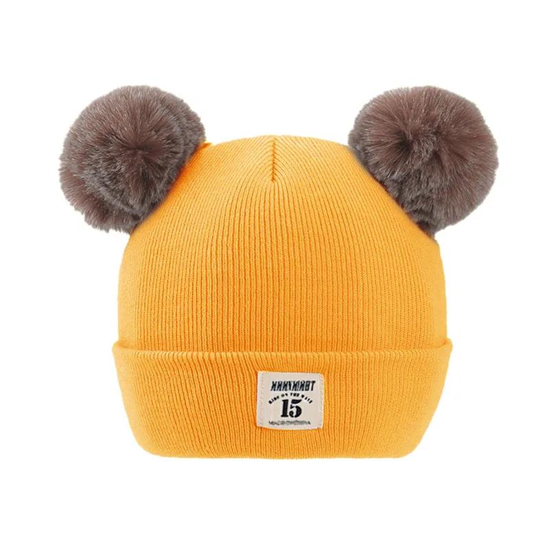 Зимние детские теплые вязаные шапки с помпоном детские вязаные шапки бини однотонные детские шапки для мальчиков и девочек аксессуары