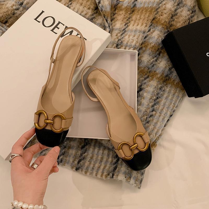 Инс показывает темперамент! Металлическая пряжка маленький ароматный ветер сумка голова сандалии женские плоские французские ретро цветовая гамма пустые одинарные туфли прилив