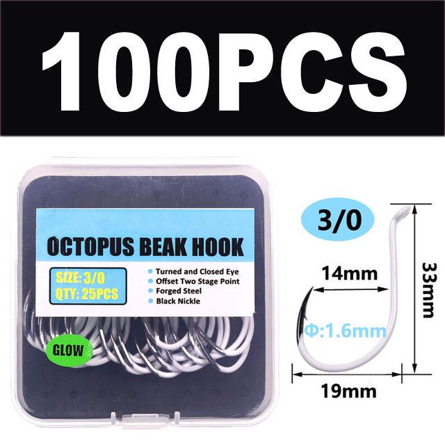 25pcs/box Luminous Imported Steel Octopus Beak Hook Offset Classica Bait Hooks Deep Sea Night Fishing Hook 3/0 4/0 5/0 6/0 7/0