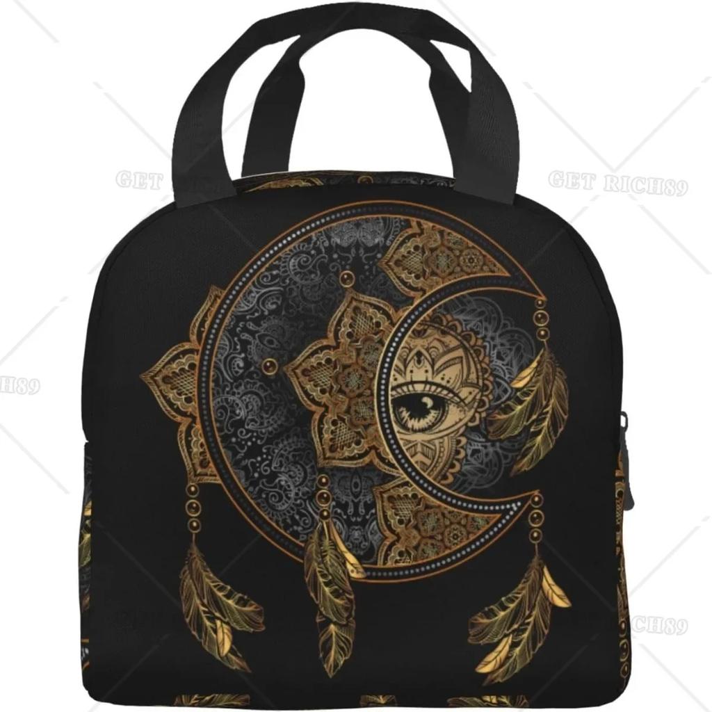 Mandala Boho Crescent Moon Sun Dreamcatcher Lunch Bag Waterproof Portable Tote Bag for Fashion Lunch Box with Zip Closure