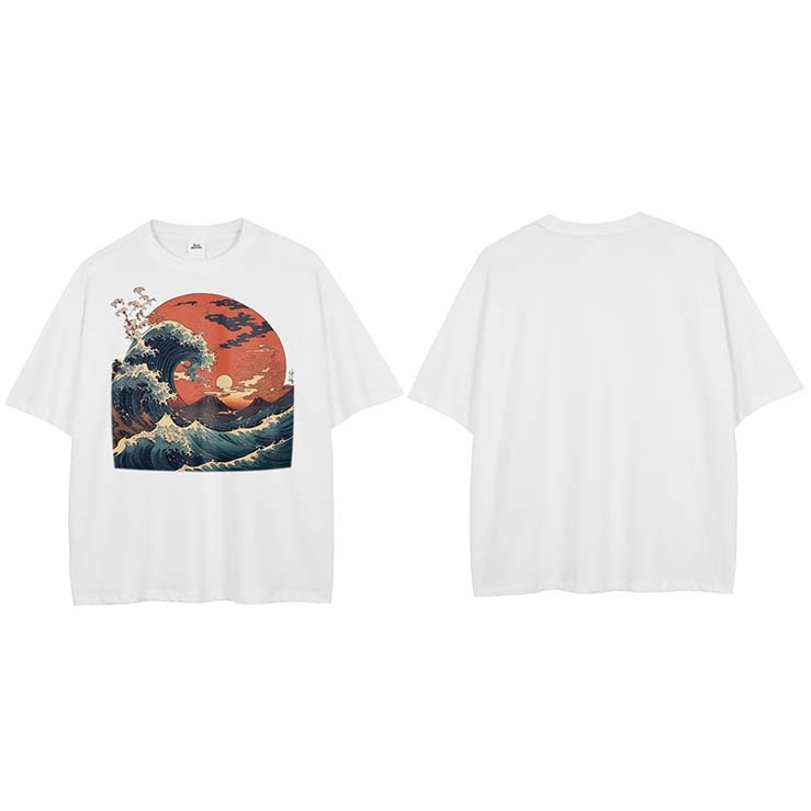 Мужская футболка стираного черного цвета Harajuku Streetwear с графическим принтом 'Sun Wave' Хлопок Японская футболка в стиле Укиё-э Хипстерские топы Футболка Унисекс