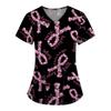 Scrub Medical Woman Breast Cancer Scrub Tops for Women V Neck Short Sleeve Cute Ribbon Prints Mock Blouse Black Medical Uniforms