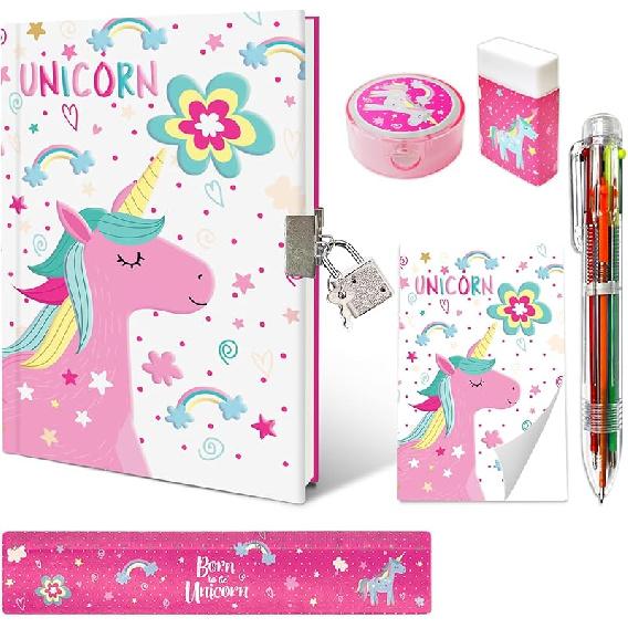 Butterfly Girls Diary with Lock, Set of Diary for Girls Incl. Kids Journal with Lock & Pen (6-Multicolor) Memo Ruler Sharpener Eraser Pink Girls