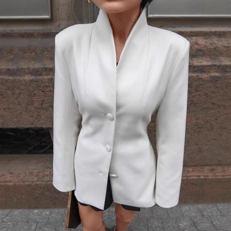 Womens White Stand Collar Tailored Blazer Slim Fit Office Chic Jacket 2026 Fall