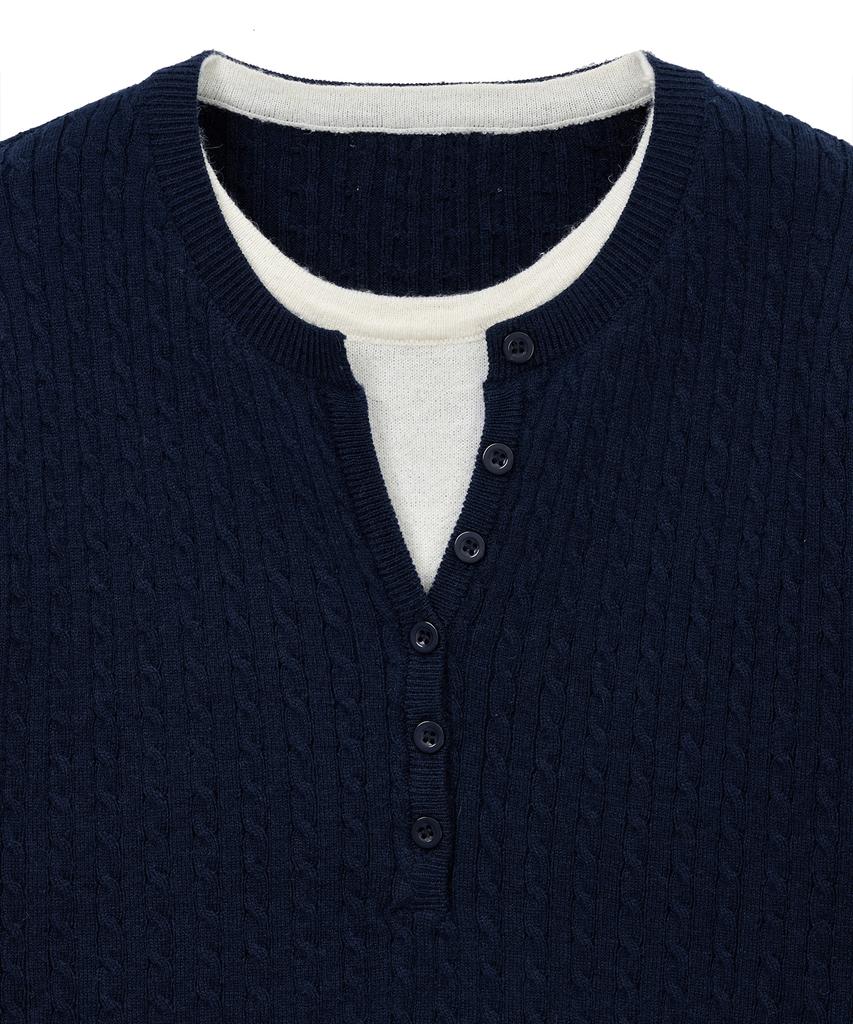 NOIRER FOR WOMAN Layered Henley Neck Signature Cable Knit (Navy)