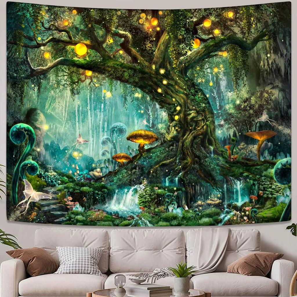 Fantasy Forest Landscape Tapestry Flowers and Plants Misty Tree Hole Tapestry Wall Art Hanging Cloth Room Home Decoration