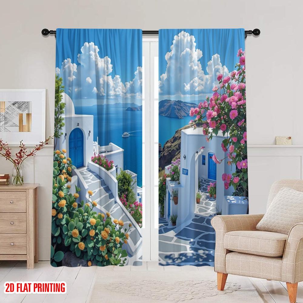 2D плоская печать 2 шт. Занавес для вечеринки Вид на море маленького города Универсальный Прочный Полиэстер, Без электричества Идеально подходит для вечеринки по случаю дня рождения
