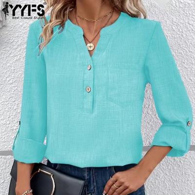 Женские модные повседневные весенне-осенние однотонные блузки и рубашки с v-образным вырезом и длинным рукавом с принтом