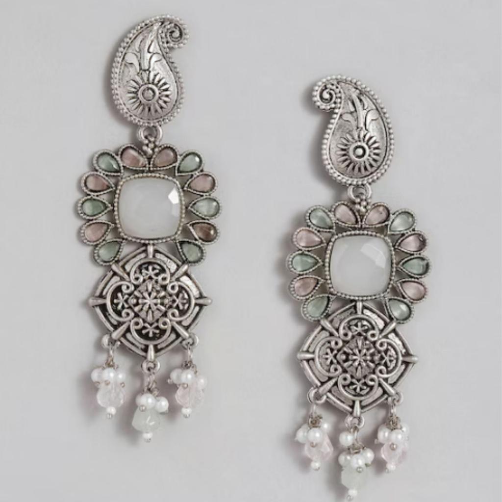 Oxidised Silver Polish Earrings, Silver Pearl Jewelry, Handmade Earring, Women Fashion Earrings