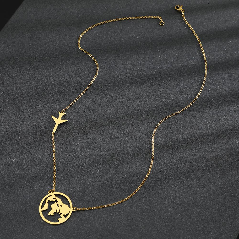 Stainless Steel Necklaces Airplane Globe Map Traveler Pendants Fashion Choker Chains Charms Male Necklace For Women Zircon Gift