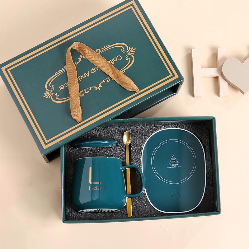 Christmas Gift Box 55 ℃ Thermostatic Cup with Lid Ceramic Cup with Spoon Coffee Cup Portable Meal for Office or Home Use