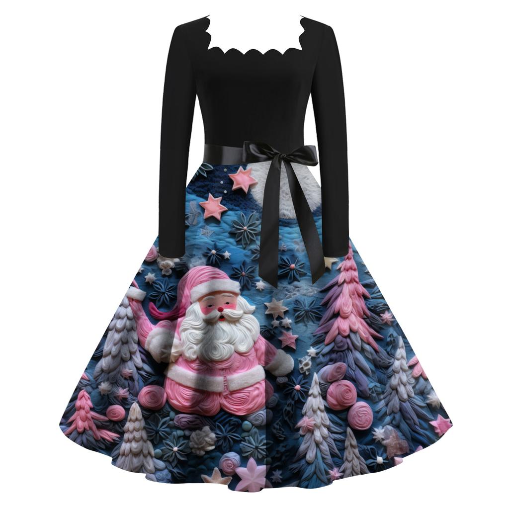 Женское модное ретро вечернее платье с длинным рукавом, квадратным вырезом и рождественским принтом