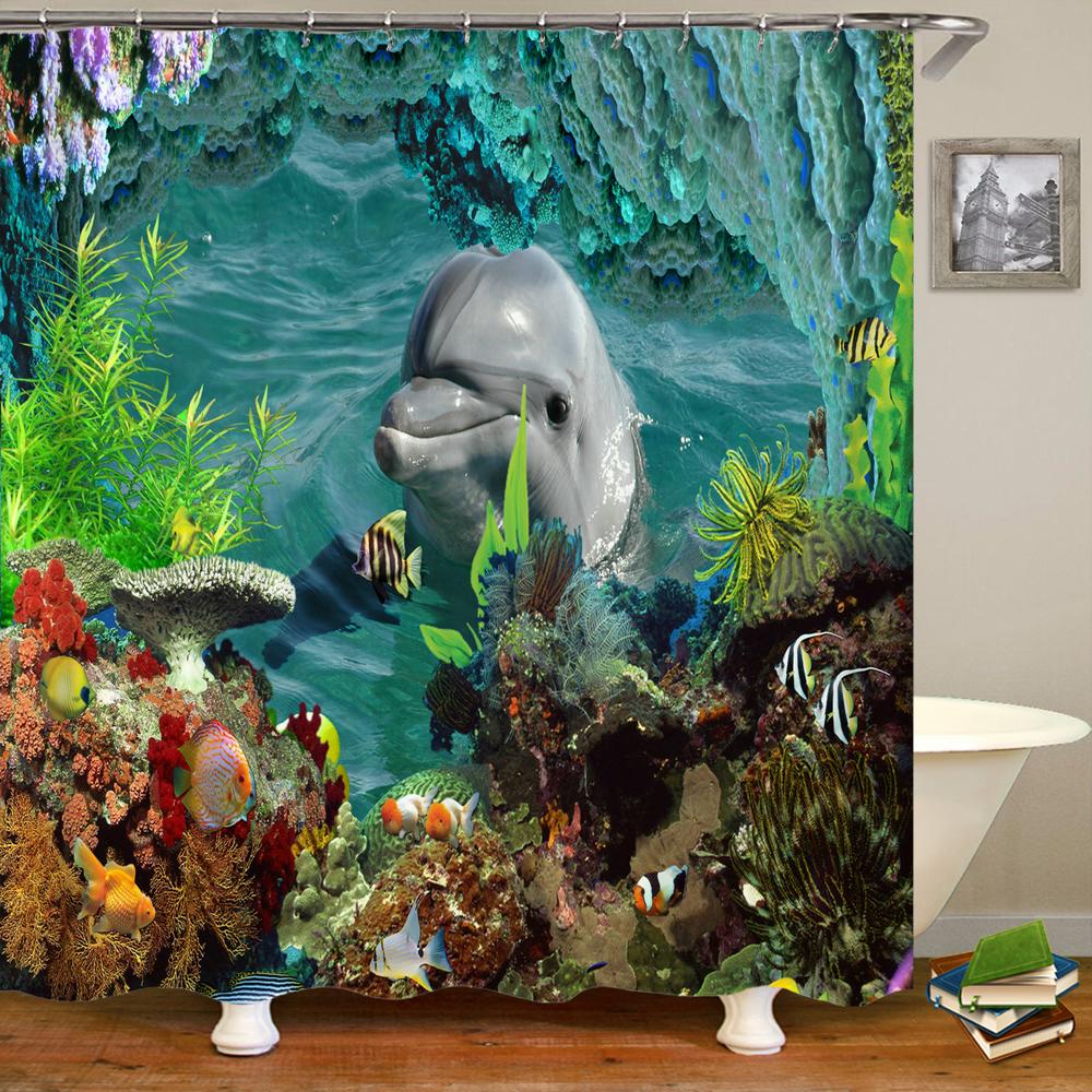 Cartoon Dolphin Shower Curtain Waterproof Home Decoration Curtain Ocean Sea Beach landscape Printed Bathroom Curtain With Hooks